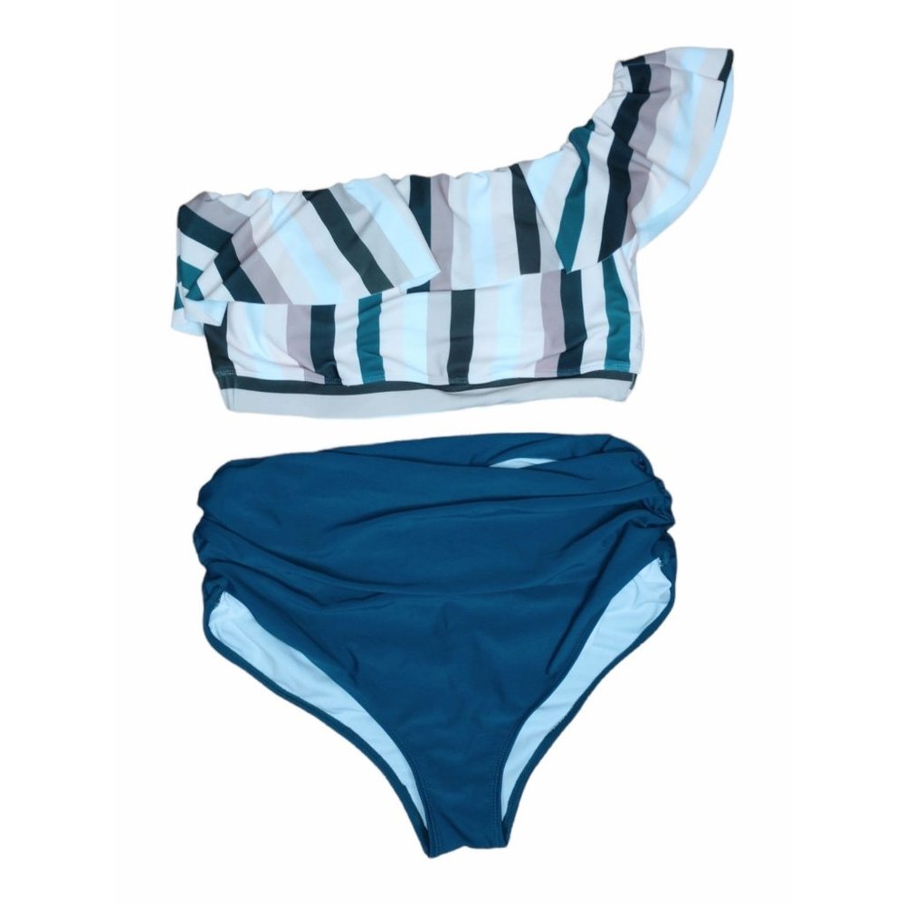 One Shoulder Striped Bikini w High Waist Bottoms Size L 8/10 Blue/Green Pink